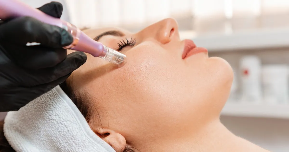 Young woman receiving a microneedling facial treatment in Denver, CO