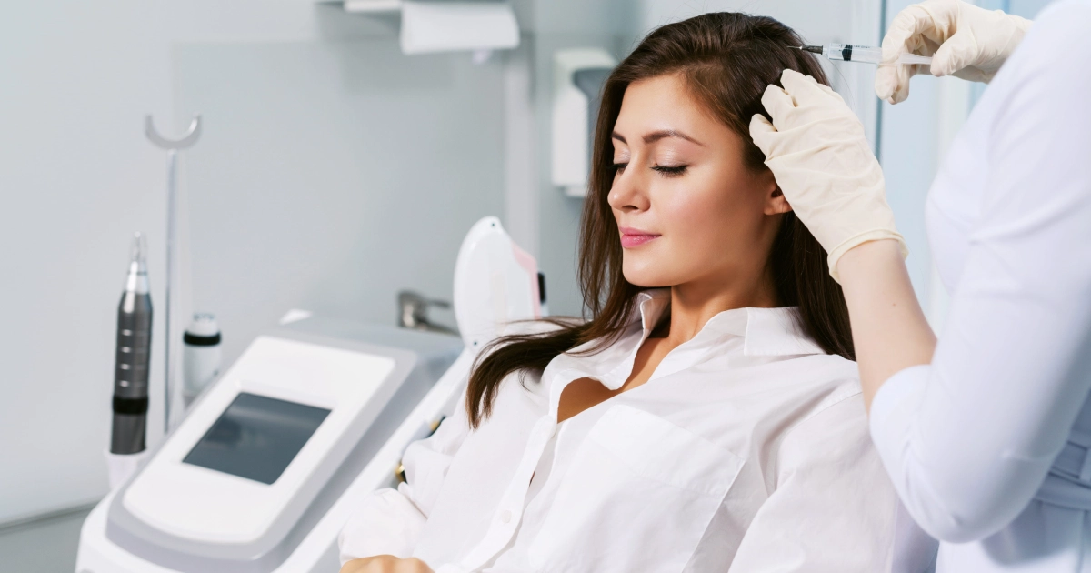 A medical professional in white gloves administering a B12 injection for skin and hair health in Denver, CO, to a seated woman’s scalp.